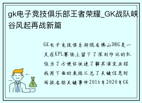gk电子竞技俱乐部王者荣耀_GK战队峡谷风起再战新篇